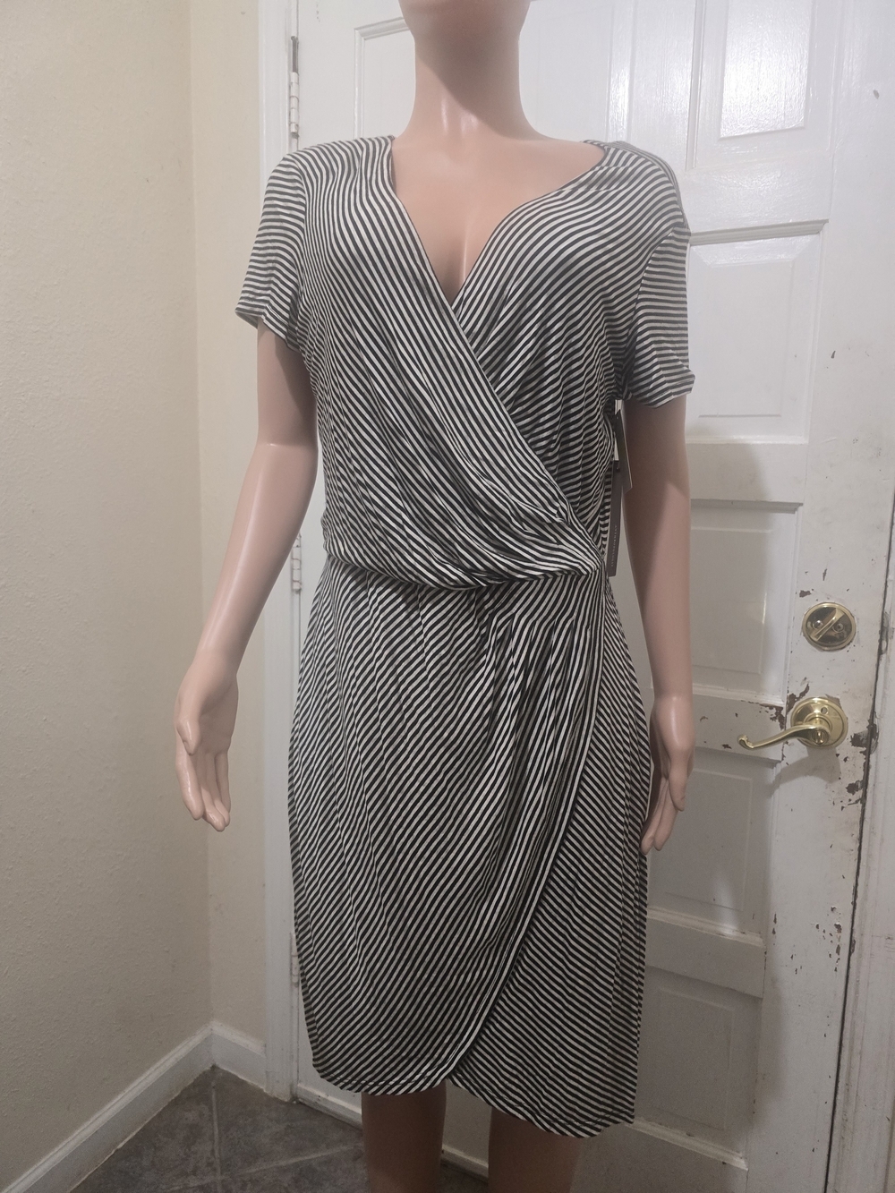 Striped Surplice Wrap Dress - Black and White